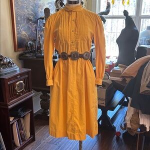 Vintage Sz 6 Nell Flowers Western Yellow Corduroy Midi Dress Pleated Bodice GVC